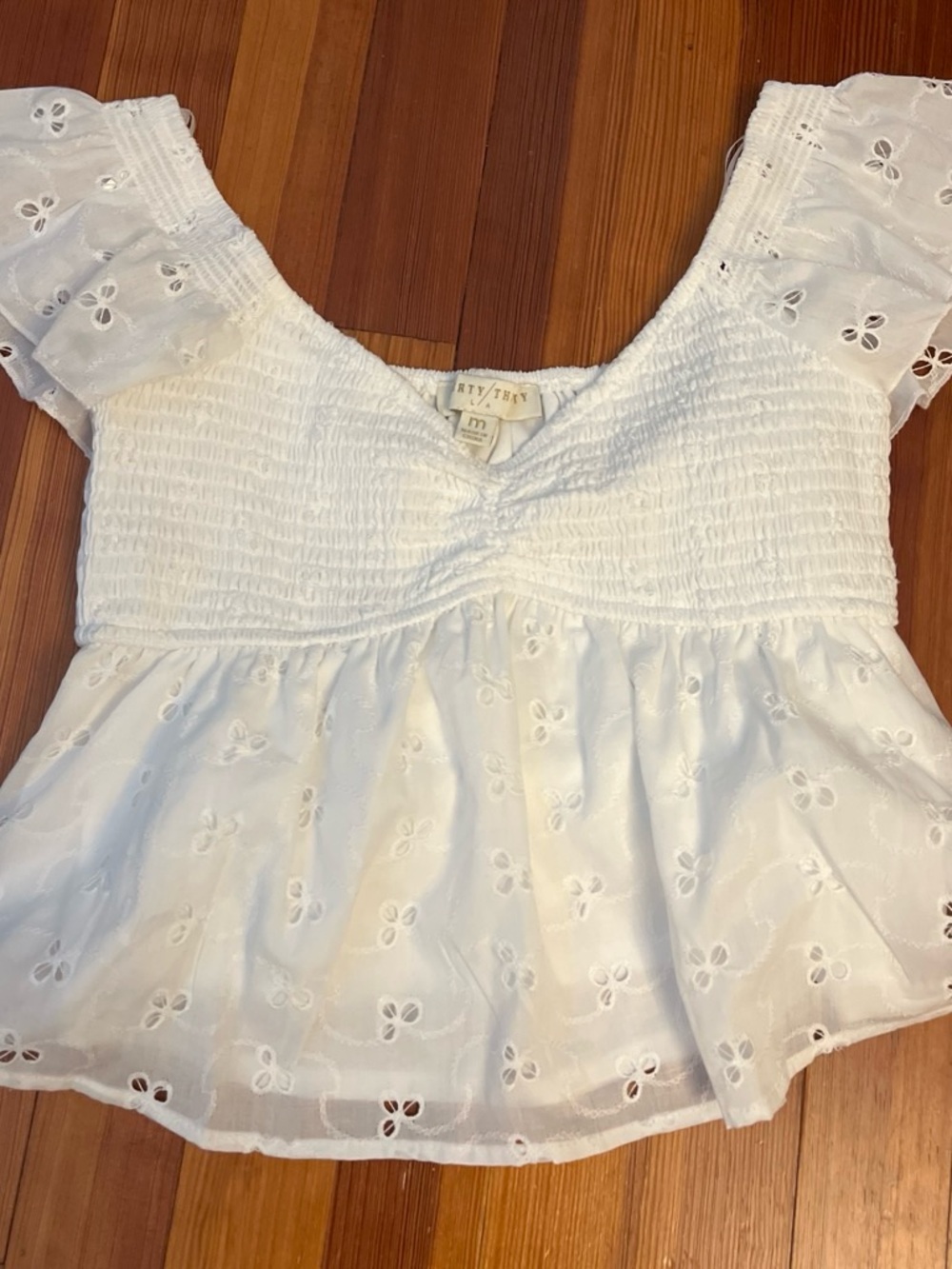 White Eyelet Smocked Peplum Top